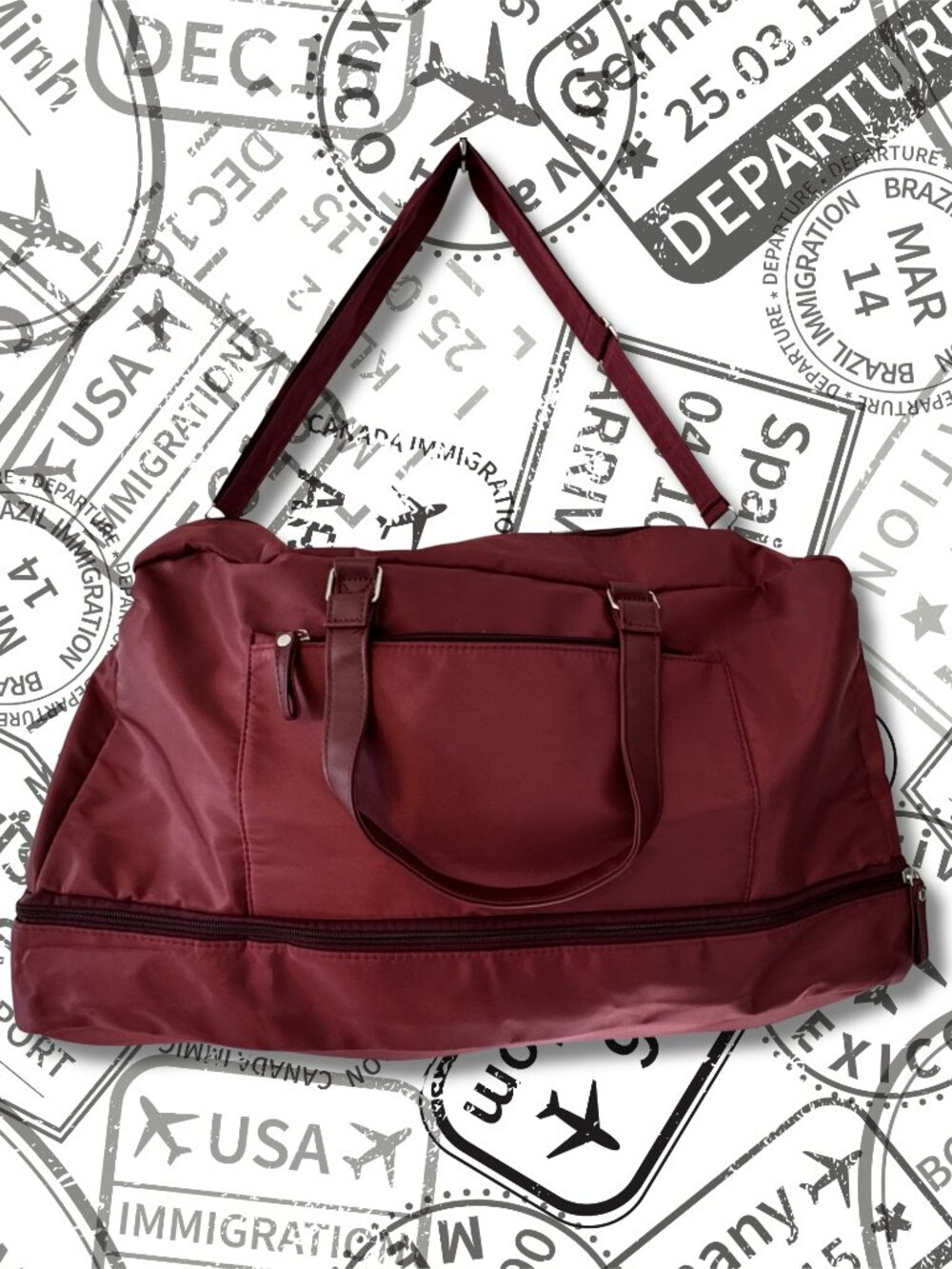 Packable Duffel Bag Weekender Maroon Travel Tote Shoe Compartment